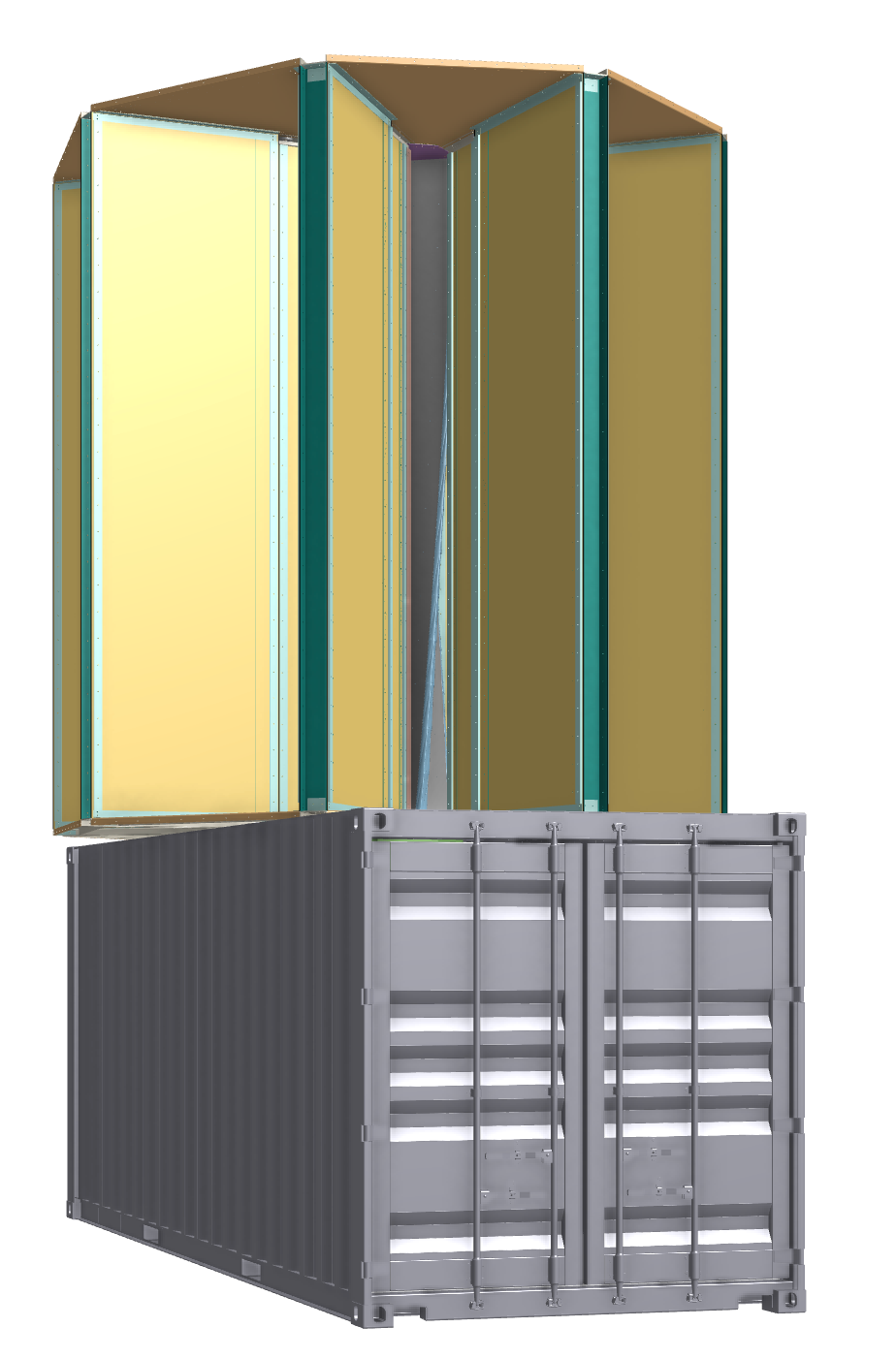 Crisis Response System shown deployed atop its CONEX Box. (Anchors cables not shown.)